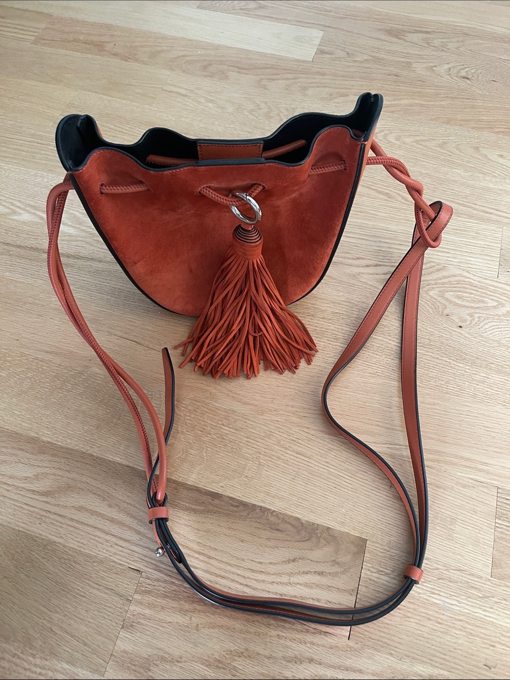 Rebecca Minkoff Suede Tassel Crossbody Bag in Burnt Orange